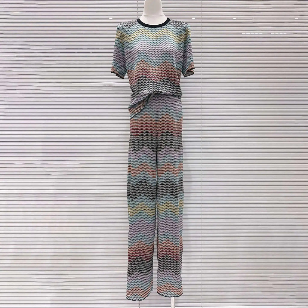 CHUJIE 2026 Summer New, Stylish And Versatile, Round Neck Colorful Contrast Striped, Short-sleeve Knitted Top + Trousers Set
