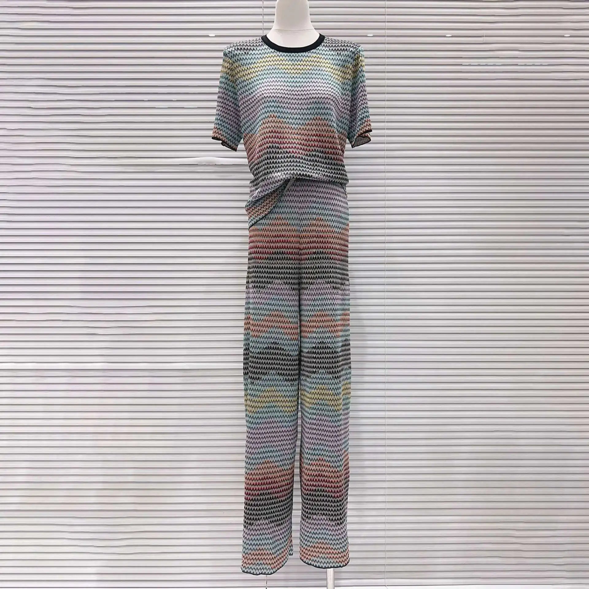 CHUJIE 2026 Summer New, Stylish And Versatile, Round Neck Colorful Contrast Striped, Short-sleeve Knitted Top + Trousers Set