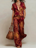 Women's Boho Paisley Print Two-Piece Set V-Neck Short Sleeve Blouse Top Wide Leg Pants Casual Loose Suit for Vacation
