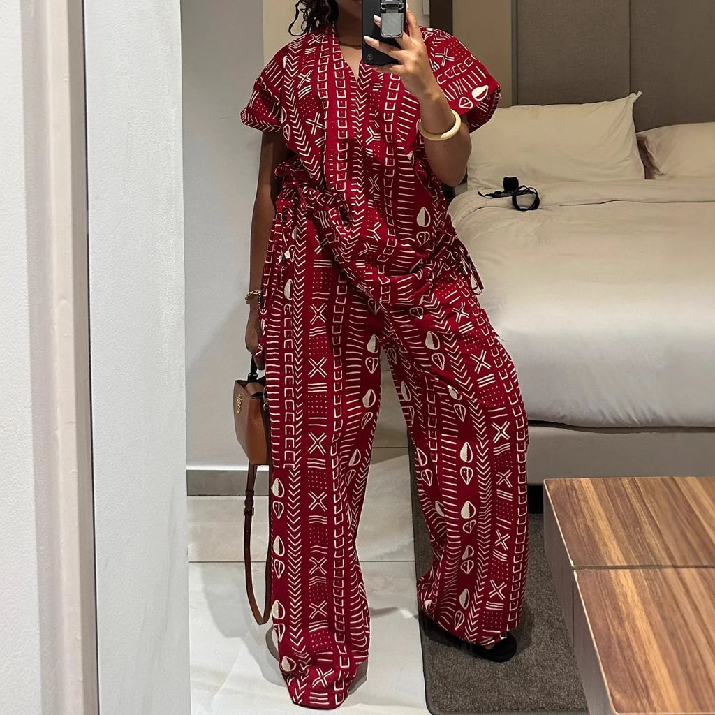 Women Two Pieces Pant Sets Solid Matching Set Pullover V Neck Printing Top High Waist Lace Up Pants Loose Fit Casual 2025 Summer