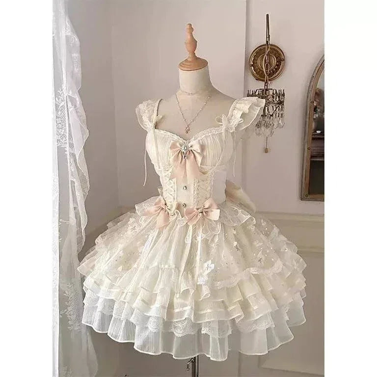 Summer Sweet Lolita Y2k Mini Dresses Women Lace Patchwork Short Sleeve Elegant Bandage French Vintage Short Party Dress Female