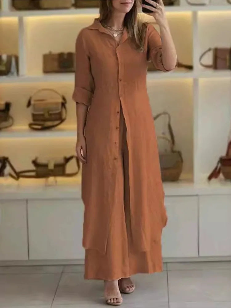 Spring Autumn Solid Color Long Pants Sets For Women Casual Shirt Dress Loose Wide Legs Trousers Two Piece Set Female