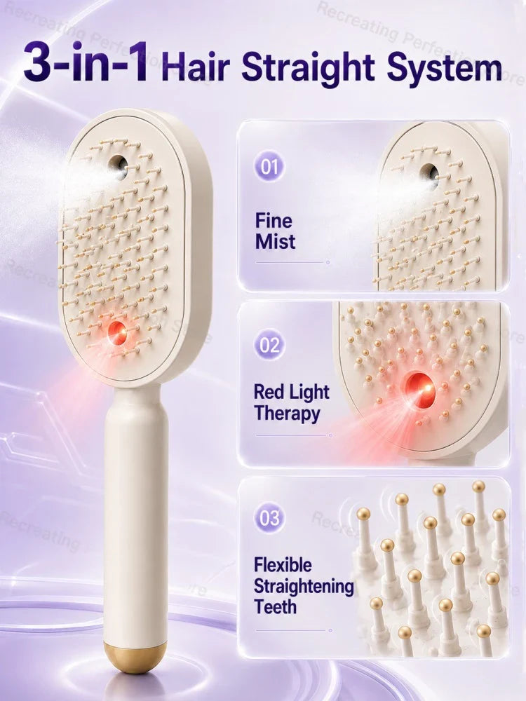 No Heat Electric Hair Straightening Brush with Fine Mist Spray Red Light Care Straightener Smoothing Wet & Dry Use Fast Charge