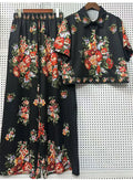 2026 Summer New Fashion Women's Print Suit Lapel Short Sleeve Short Waist Shirt + Elastic Waist Straight Trousers Two-Piece