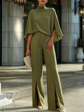Summer Chiffon Women's 2 Piece Temperament Solid Color Half Sleeve Tops And Pants Sets Elegant High Waist Wide Leg Pants Outfits