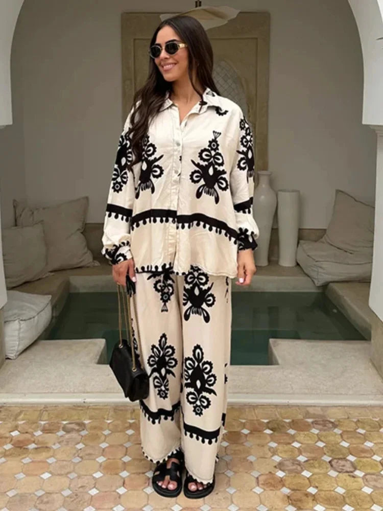 Women Elegant Lapel Pants 2 Piece Sets Chic Long Sleeves With Pocket Shirt Loose Wide Leg Trousers Sets 2025 Streetwear Outfit