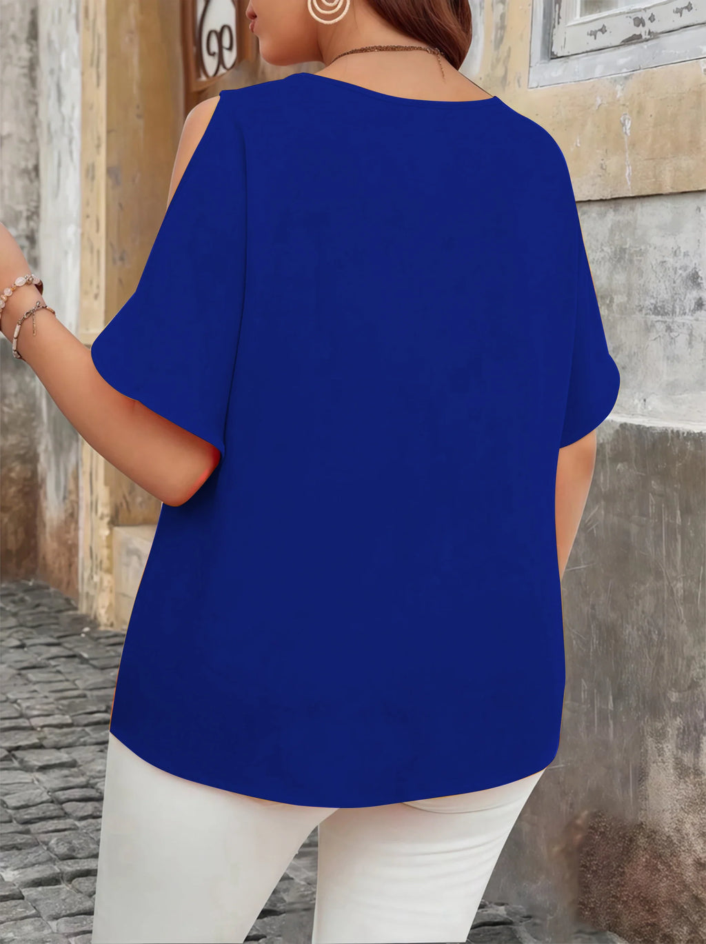 Elegant Off-Shoulder Wave V-Neck T-Shirt - Solid Color Plus Size Women's Blouse, Fashion Casual Short Sleeve Summer Top
