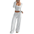 Women's Striped 2 Piece Outfits Long Sleeve Square Neck Cropped Top Drawstring Wide Leg Pants Set Casual Lounge Lady Sweatsuits