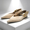 Fashion Metal Buckle Design Flat Sandals Women 2026 New Brown Suede Pointed Toe Slingback Designer Shoes Comfortable Women Shoes