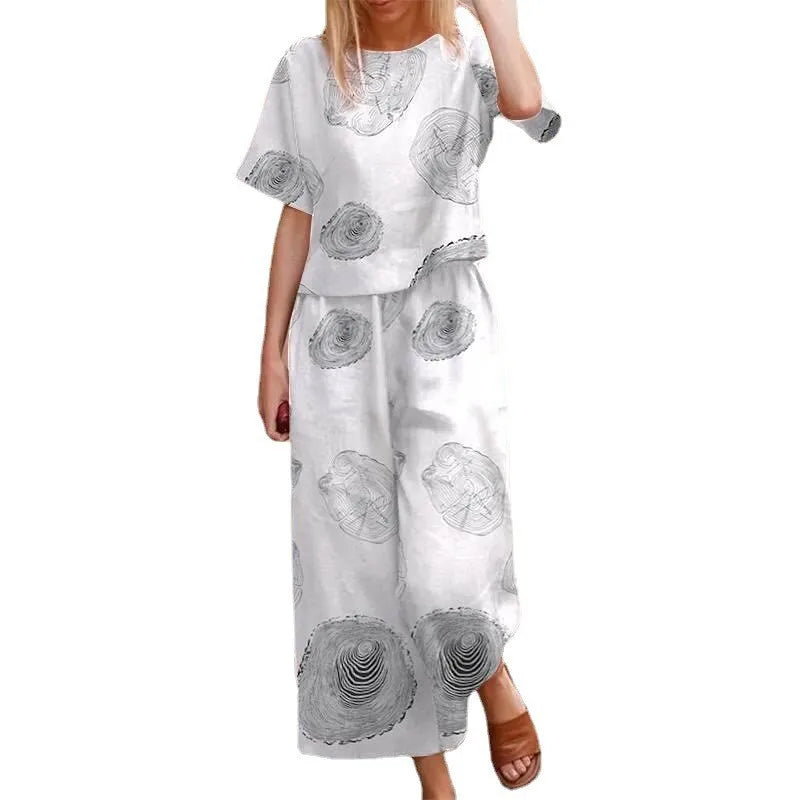 Cotton Linen Vintage Printed Pant Sets Loose Short Sleeves T Shirt High Waist Wide Leg Pants Two Piece Set For Women Streetwear