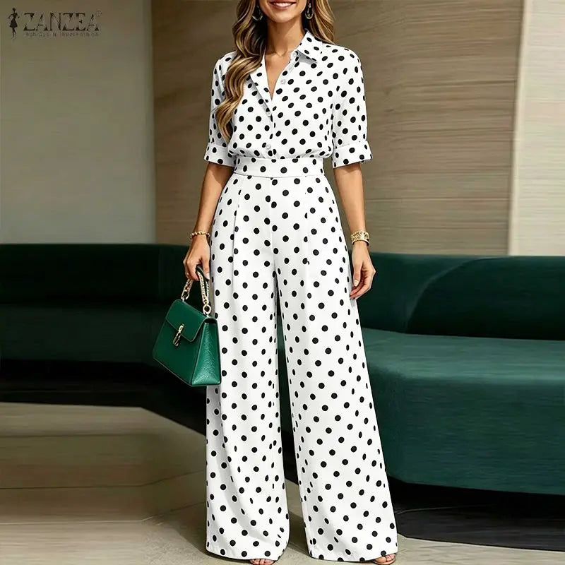 Stylish Polka Dots Outfits Women 2 Pieces Pants Sets ZANZEA Summer Lapel Neck Short Sleeve Shirt Office Wide Leg Trousers Suit