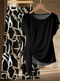 Casual and Elegant Women's Plus Size Premium Black Gold Abstract Print Set Summer Lazy Style Twisted Top Wide Leg Pants