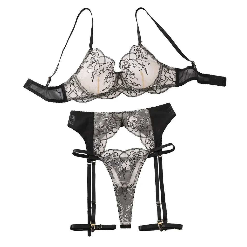 MUZISKAT 2024 Sexy Lace Underwear Women's Three Piece Bra And Underwear Set Embroidered Underwear Women's Underwear Sexy Set