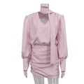 New Autumn Printed Striped Suit For Women, Featuring V-Neck Long-Sleeve Top With Scarf And A Pleated Design Hip-Hugging Skirt