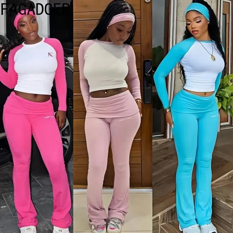 FAGADOER Casual 2 Pieces Set for Woman Long Sleeve Round Neck T-Shirt and High Waist Pants Matching Tracksuits Female Sportswear