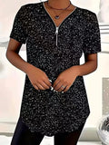 plus size women's summer new short sleeved casual polka dot top V-neck zipper curved hem T-shirt daily essential