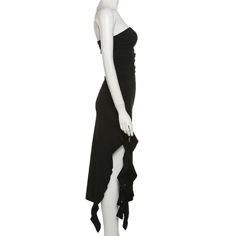 Cryptographic Irregular Ruffle Off Shoulder Sexy Backless Midi Dress for Women Elegant Birthday Vestido Summer Sundresses Ruched
