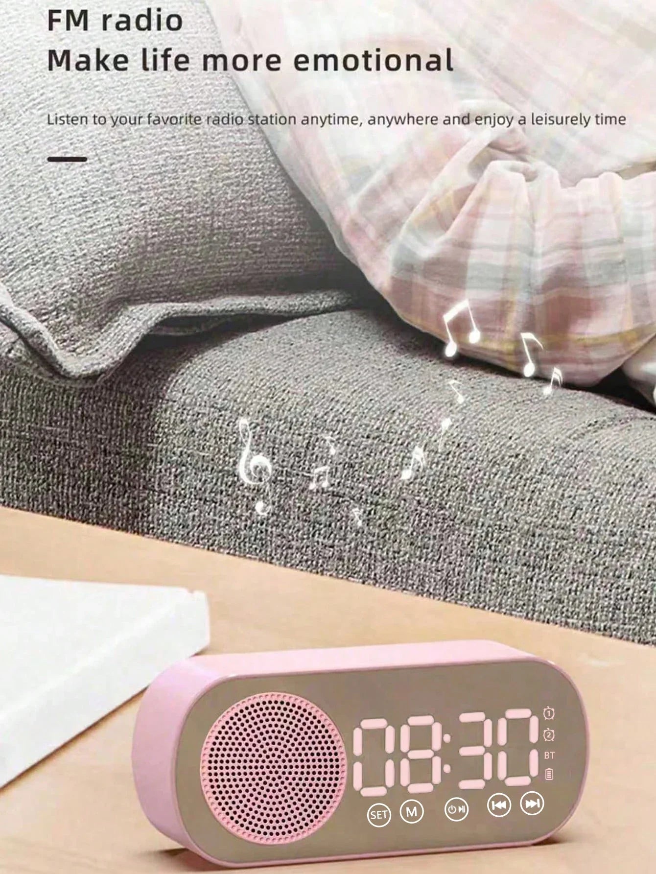 Bluetooth Speaker, Mirror-Faced Clock Alarm Clock Smart Speaker, Bass-Heavy FM Card Insertable Small Speaker