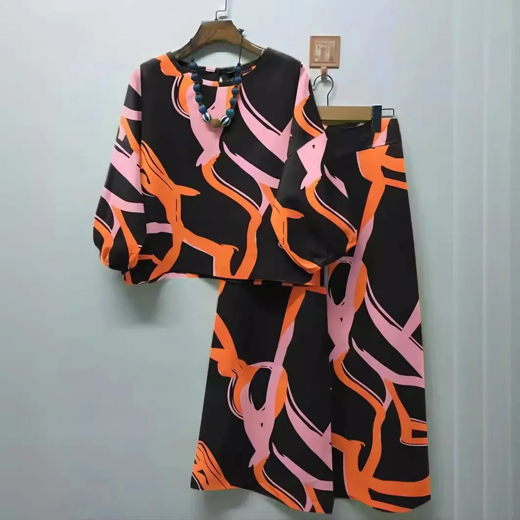 Print Suit Women Two Piece Pant Sets Long Sleeve Round Neck Tops Shirt Wide Leg Pants Loose Elegant Lady Bohemian Suits