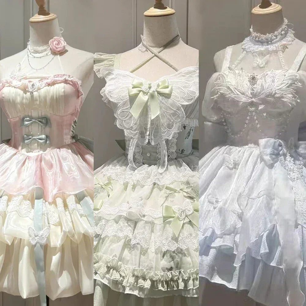 Summer Sweet Lolita Y2k Mini Dresses Women Lace Patchwork Short Sleeve Elegant Bandage French Vintage Short Party Dress Female