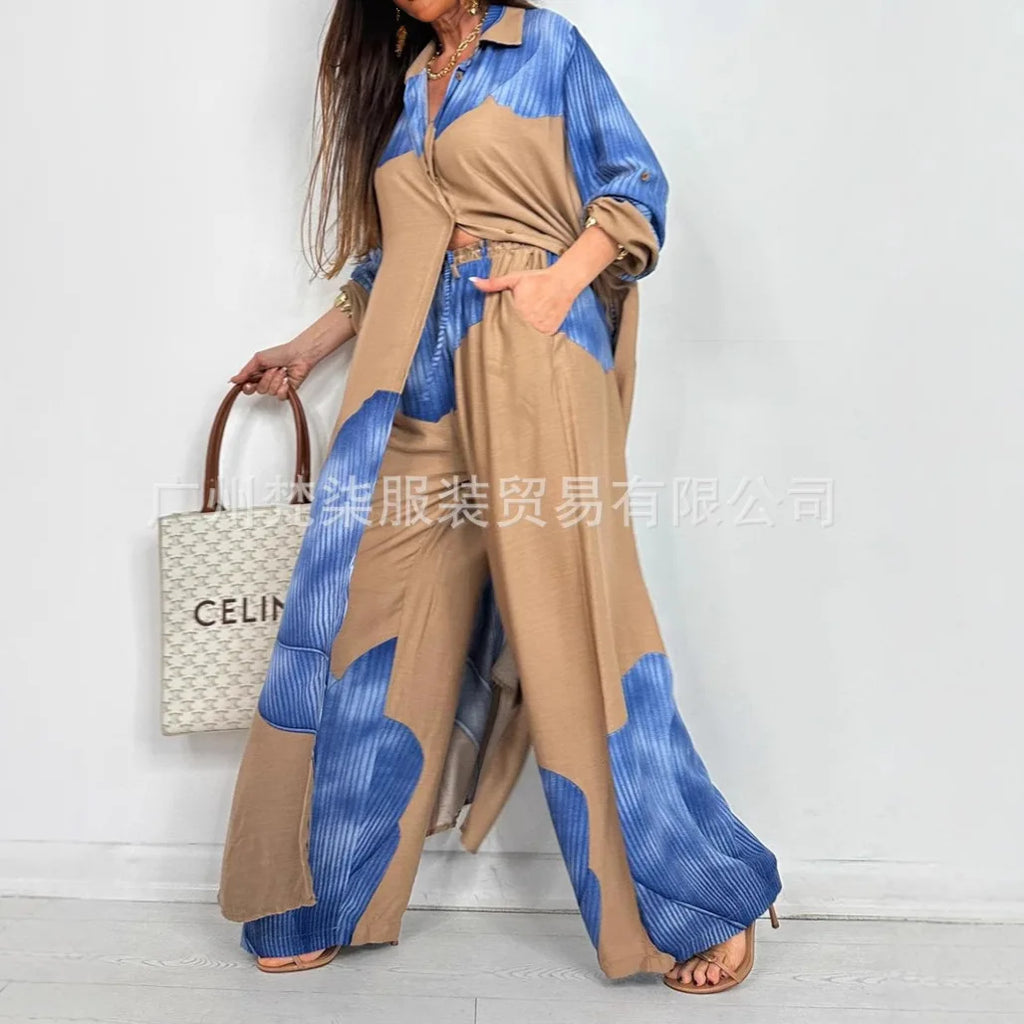 Fashion Loose Printed Long Sleeve 2-piece Set Women's Single-breasted Cardigan Robe Wide-leg Pants Casual Two-piece Outfit Woman