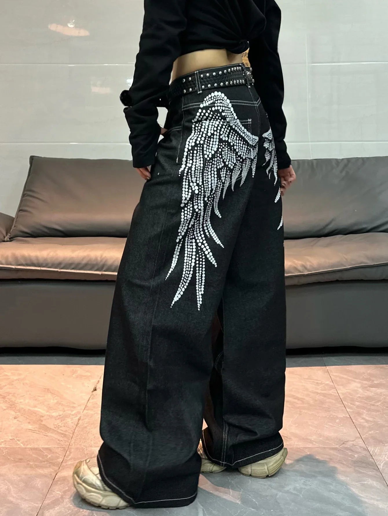 1 Pc American Retro Wing Print Loose Jeans, Street Trend Fashionable