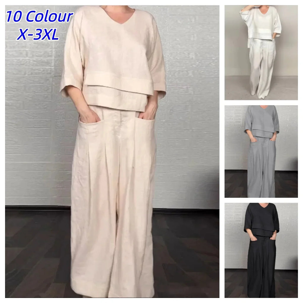 Casual Loose Irregular Cotton Linen Women's Top Set Spring Summer New Fashion Pocket Wide-leg Pants For Women Office 2-piece Set