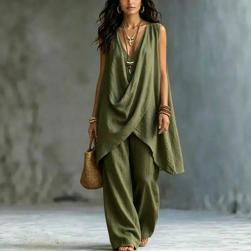 2026 Summer Linen Cotton Sleeveless Stand Collar Set Women Casual Loose Fit Solid Wide Leg Pants Vacation Outfit
