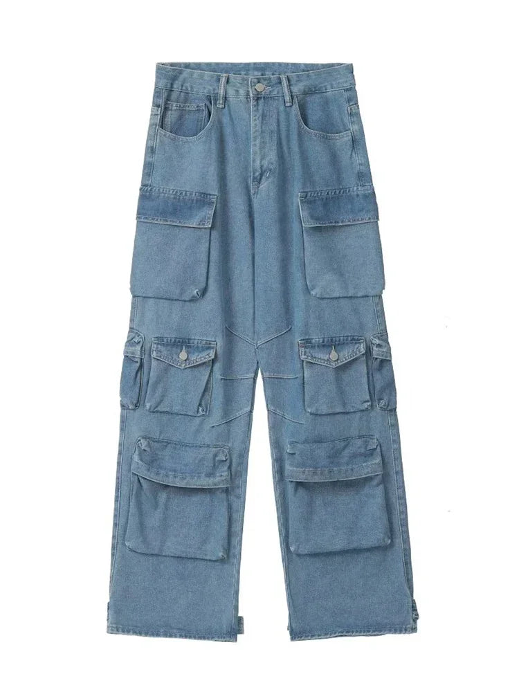 Y2K Cargo Jeans Women's Baggy Wide Leg Multi-Pocket Fashion Denim Pants Harajuku Streetwear Female Vintage Loose Casual Pants