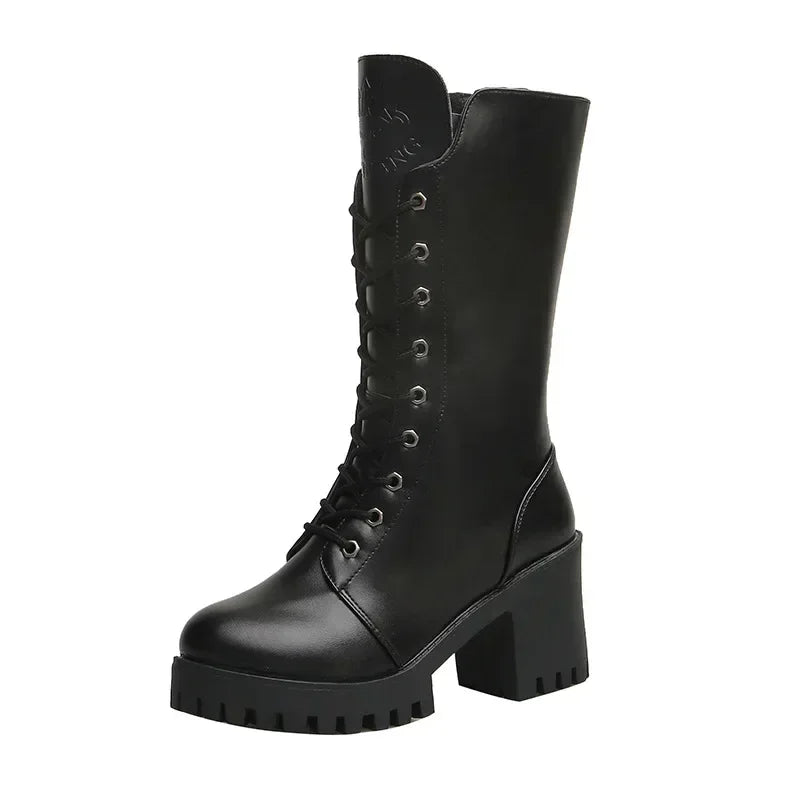 Winter Women's Boots 2025 New Thick Heel Lace-up Boots Fashion Platform Women Shoes  Zipper Round Head Women's Boots for Autumn