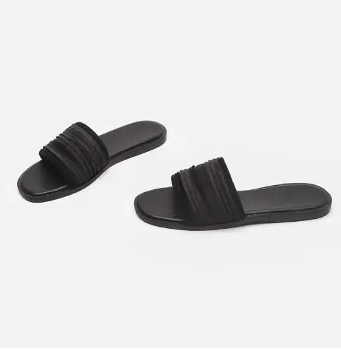 2025 Summer Flat Slippers Open Toe Beach Wearing Slides Pleated Women Shoes Black 35-40