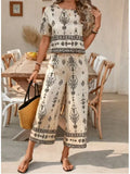 Fashion Ethnic Retro Printed Short-sleeved Women's Suit Summer New Casual Simple Elegant 7-minute Pants Female 2-piece Set 2026
