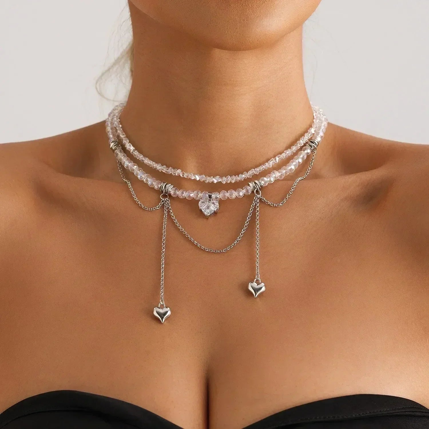 Fashion Heart Beaded Necklace for Women Boho Elegant Irregular Crystal Chain Y2K Choker Exquisite Party Gift Jewelry Accessories