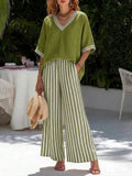 2026 Fashion Women's Casual Striped Comfortable Loose V-Neck Cotton Hemp Two-Piece Set