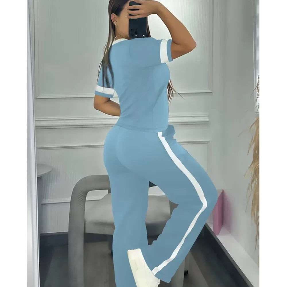 Spring Summer New Casual Sports T-shirt Short-sleeved Suit Women Fashion Splicing Side Stripes Simple Trousers 2 Piece Set 2026