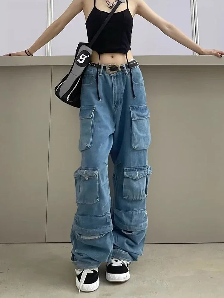 Y2K Cargo Jeans Women's Baggy Wide Leg Multi-Pocket Fashion Denim Pants Harajuku Streetwear Female Vintage Loose Casual Pants