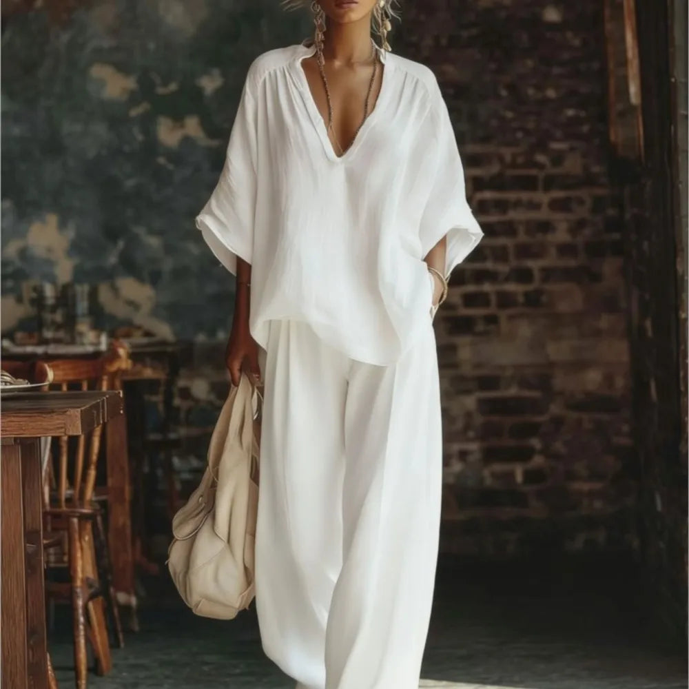 Fashion V-neck Short-sleeved Loose Top Women's Suit Summer New Casual Retro Female Vacation Lazy Trousers 2-piece Set 2026
