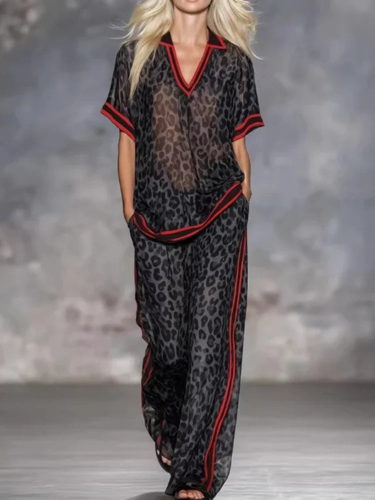 Summer Casual Outfits Female Leopard Print Stripe Contrast Color Two Piece Set for Women Short Sleeve Top & Wide Leg Pants