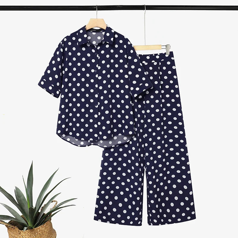 Stylish Polka Dots Outfits Women 2 Pieces Pants Sets ZANZEA Summer Lapel Neck Short Sleeve Shirt Office Wide Leg Trousers Suit