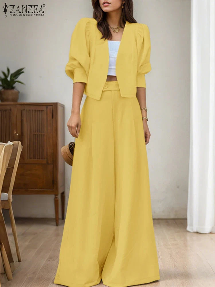 ZANZEA Elegant 2pcs Women Pant Sets Long Sleeve Cardigan Suit and High Waist Wide Leg Pants 2025 Fashion Solid Two-piece Outfits