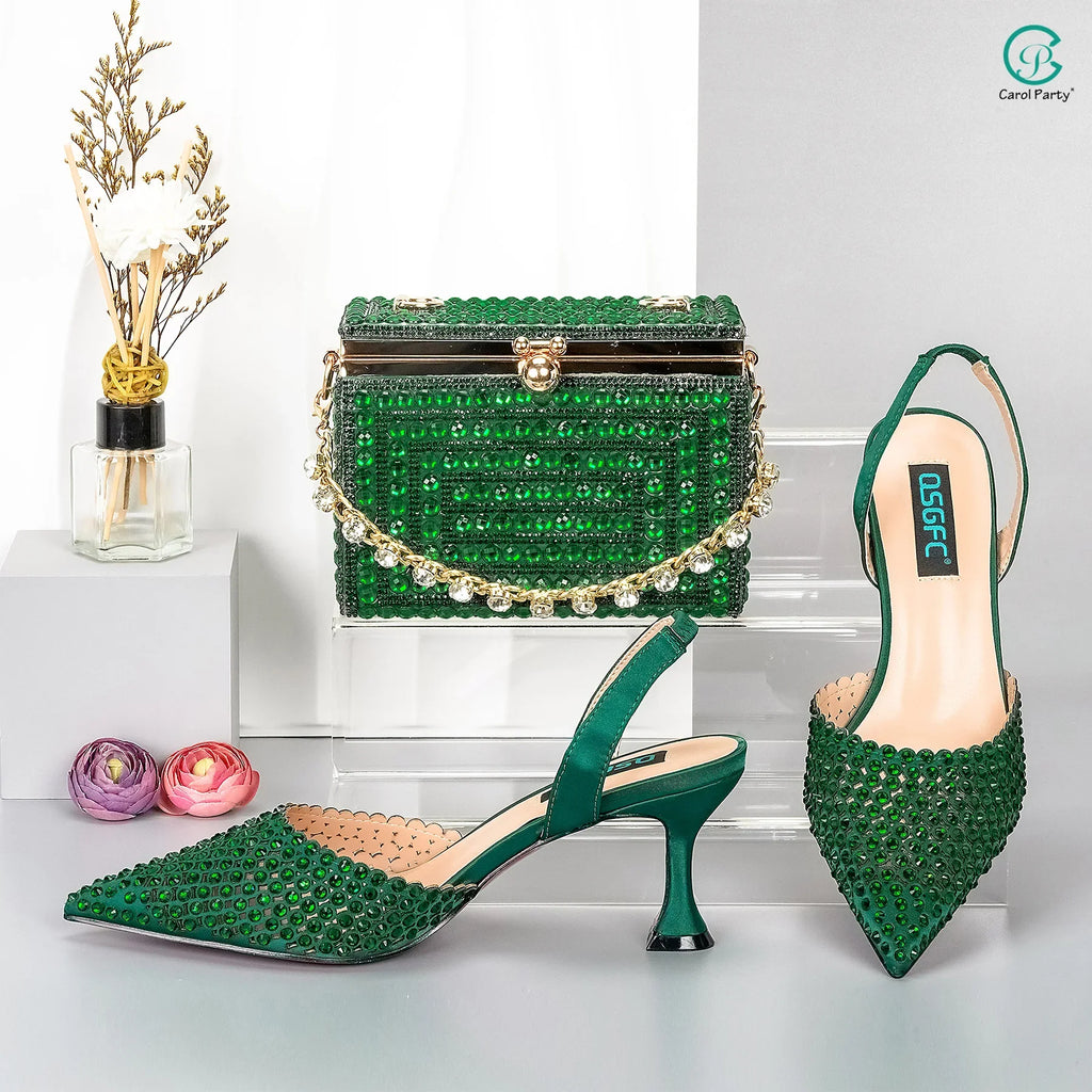New Wine Red High Heels Shoes And Bag Dotted Crystal Wedding Party Spring, Summer, and Autumn Fashion Women's Noble Sandals