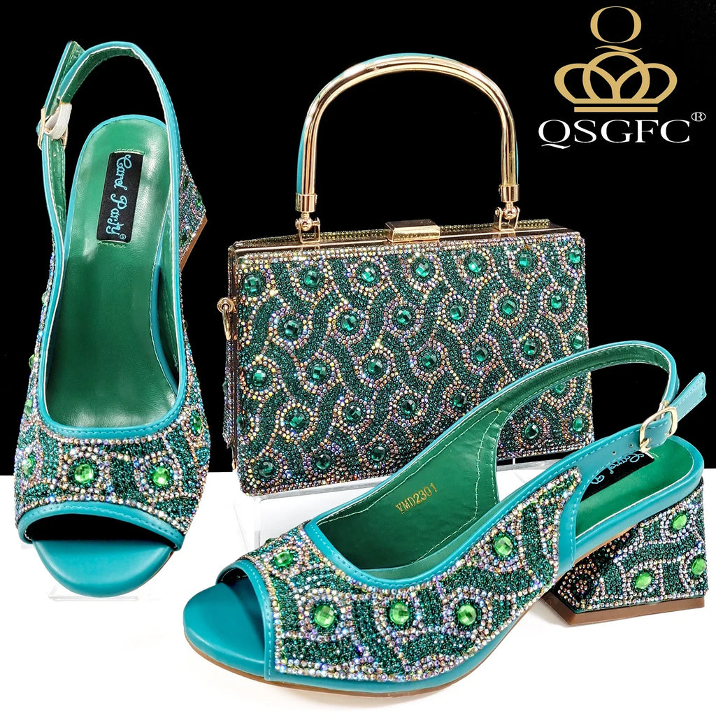 QSGFC 2024 Rhinestone Design INS Hot Sale New Arrivals African Shoes and Bag Set in Green Color Open Toe Comfortable Women Heels