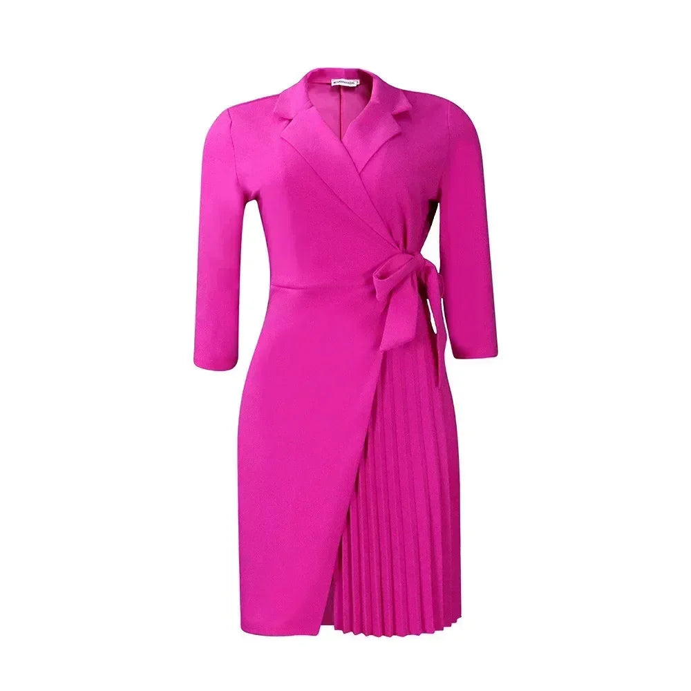 Women  Solid Plus Size Folds Dress Neck Pleated Blazer Style Dress Office Vintage Sexy Lady Belt Party Tight Curvy Short Dress