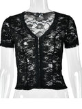JULISSA MO Sexy Deep V-neck Sheer Lace Women T-shirt Black Short Sleeve Floral T-shirt Summer Skinny Casual Vacation Streetwear