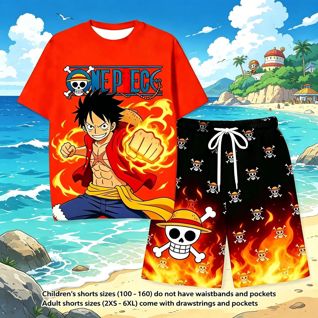 Anime One Piece Luffy Printed Short Sleeve T Shirt And Shorts Set Unisex Kids And Adults Casual Relaxed Indoor Loungewear Suit