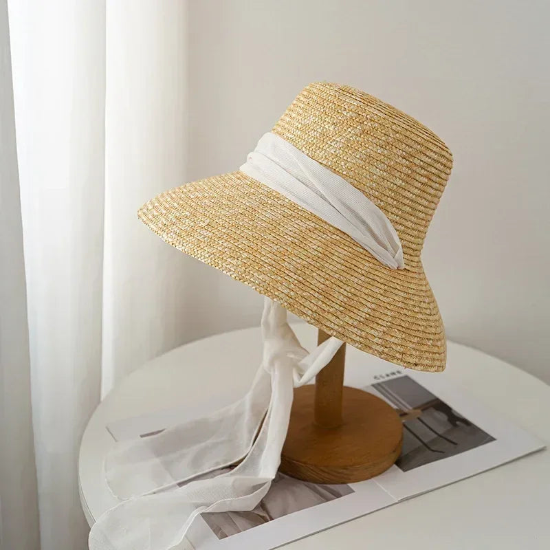 Straw summer hat French elegant ladies seaside travel sun hat Hepburn style wide brim hat  햇빛가리개 모자 모자
