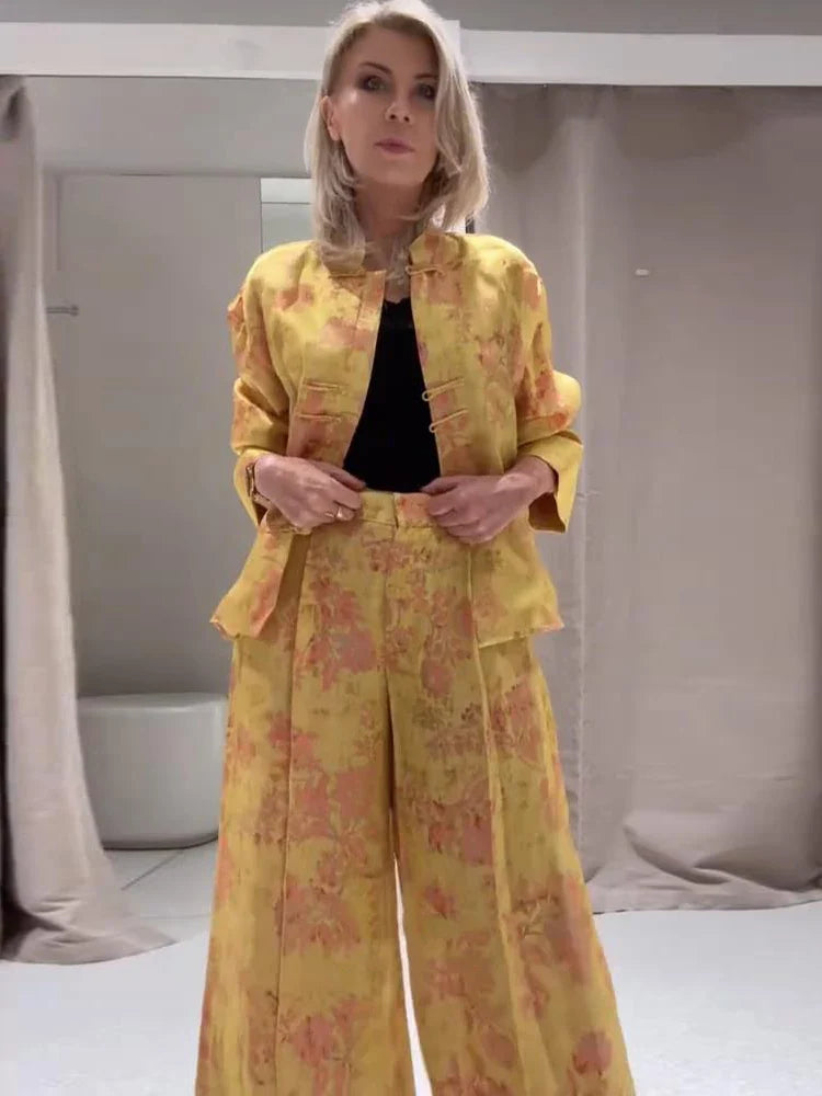 Fashion Women's Printed Button Top Long Pant Set Loose Stand Collar Full Sleeved Tops Wide Leg Pants 2026 Autumn Lady Suit New