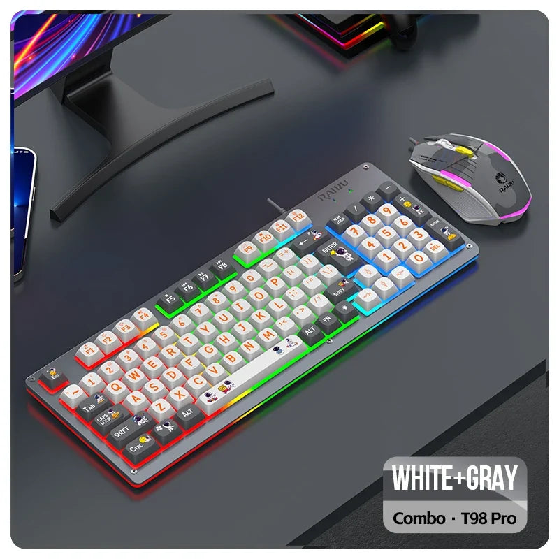 Mecha Style Gaming Wired Keyboard Mouse Set Rainbow Glow Backlit 98 Keys Metal Panel Laptop Desktop