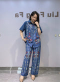 Sequins Flower Pattern Denim Turn Down Collar Short Sleeve T Shirt 2 Piece Set Woman Jeans Straight Leg Pant Set 2026 Summer