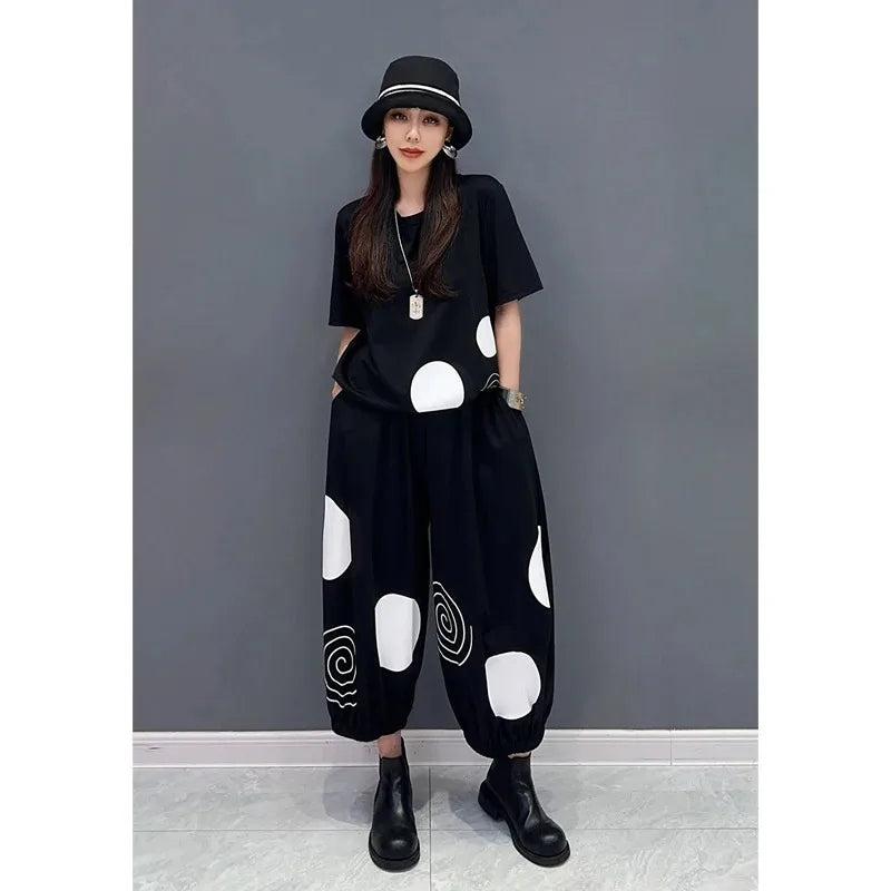 Polka Dot Striped Print 2 Two Piece Set Women Summer Casual Fashion Short Sleeve Ladies T-Shirts Loose Wide Leg Woman Pants